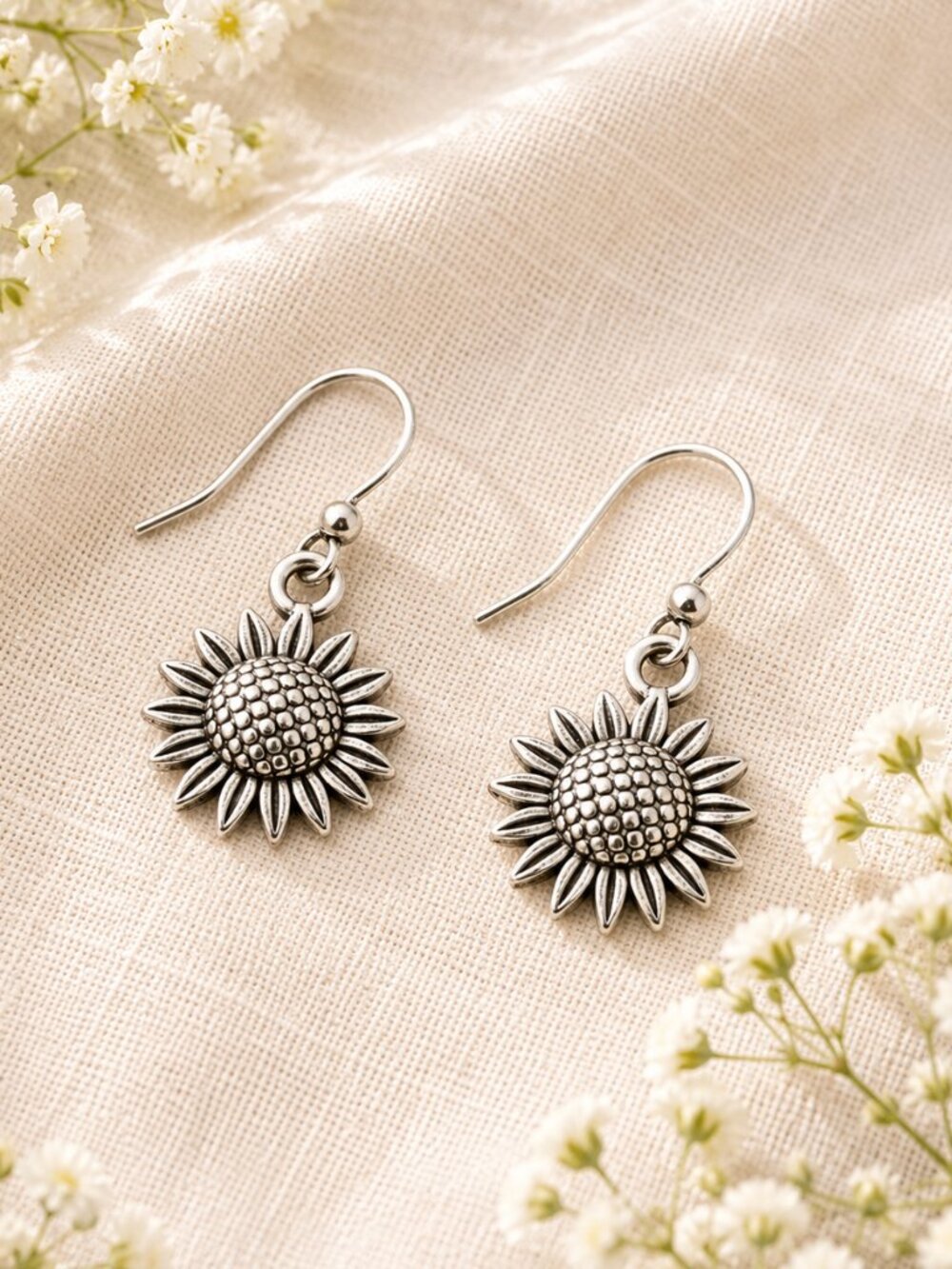Antiqued Silver Sunflower Dangle Earrings Floral Boho Cottagecore Jewelry